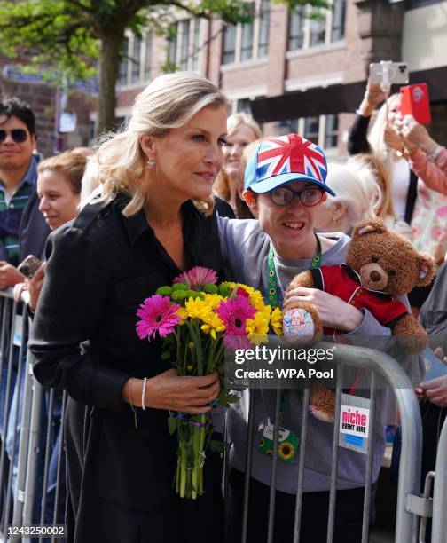 Sophie, Countess of Wessex greets members of the public in St Ann's Square following the death of Queen Elizabeth II on September 15, 2022 in...