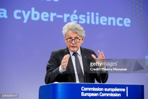 Commissioner for Internal Market Thierry Breton talks to media in the Berlaymont, the EU Commission headquarter on September 15, 2022 in Brussels,...