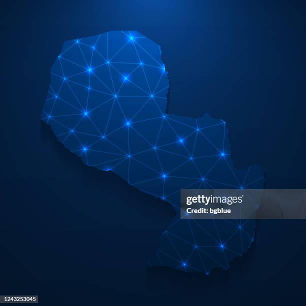 paraguay map network - bright mesh on dark blue background - paraguay map stock illustrations