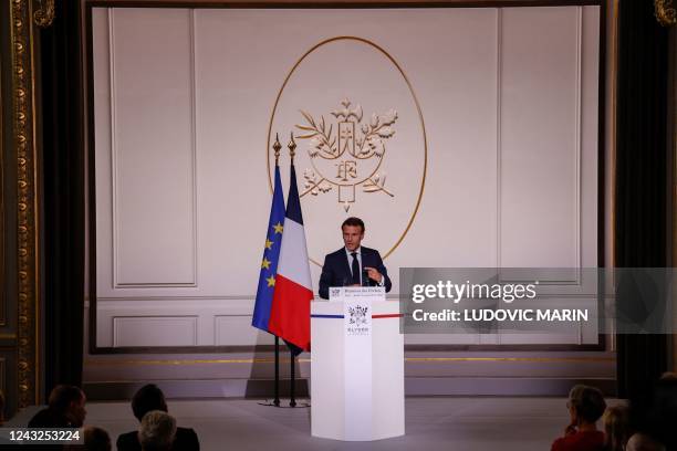 French President Emmanuel Macron delivers a speech during a reception for France's prefects at the Elysee presidential Palace in Paris, on September...