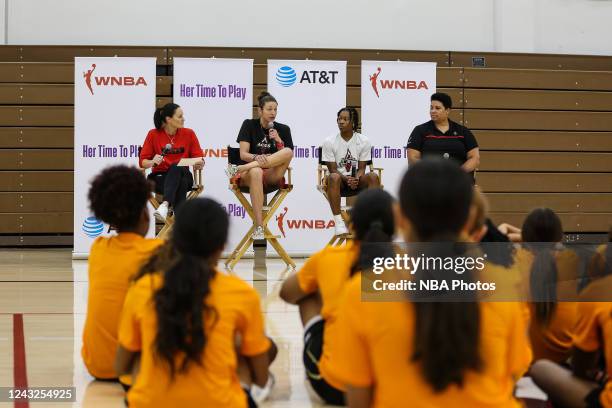 Jennifer Azzi, Theresa Plaisance, Aisha Sheppard and Natalie Williams participate in an Her Time to Play on-court clinic during the 2022 WNBA Finals...