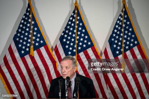 Sen. Dick Durbin speaks during a news conference following a closed-door briefing about increasing threats to law enforcement following the FBIs...