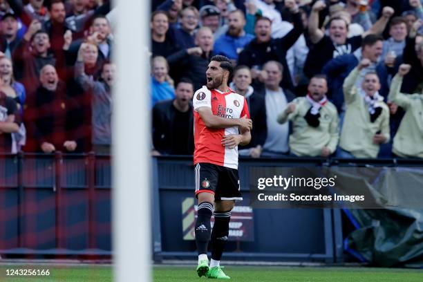 Alireza Jahanbakhsh of Feyenoord celebrates 1-0 during the UEFA Europa League match between Feyenoord v SK Sturm Graz at the Stadium Feijenoord on...