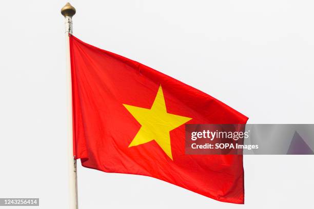 The flag of Vietnam seen in the gallery of flags of the participating countries in the framework of St. Petersburg International Gas Forum 2022 .