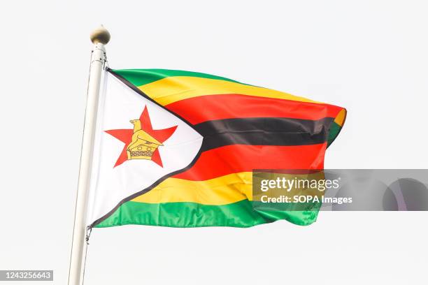 The flag of Zimbabwe seen in the gallery of flags of the participating countries in the framework of St. Petersburg International Gas Forum 2022 .