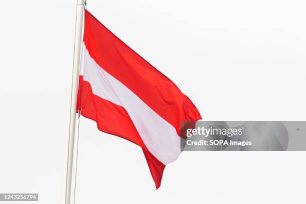 The flag of Austria seen in the gallery of flags of the participating countries in the framework of St. Petersburg International Gas Forum 2022 .
