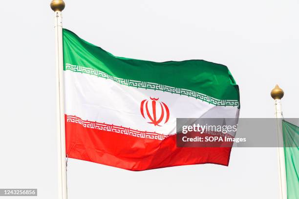 The flag of Iran seen in the gallery of flags of the participating countries in the framework of St. Petersburg International Gas Forum 2022 .