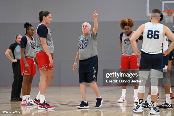 Assistant coach Mike Thibault of the USA Womens Basketball Team speaks with players during practice on September 6, 2022 at Cox Pavilion in Las...