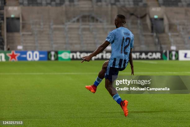 Emmanuel Banda of Djurgardens IF celebrates scoring the 2-1 goal during the UEFA Europa Conference League group F match between Djurgardens IF and...