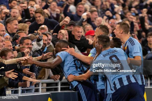 Emmanuel Banda of Djurgardens IF celebrates scoring the 2-1 with teammate goal during the UEFA Europa Conference League group F match between...