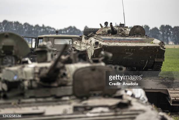 Abandoned Russian military tanks are seen after Russian Forces withdrew from Balakliia as Russia-Ukraine war continues on September 15, 2022 in...