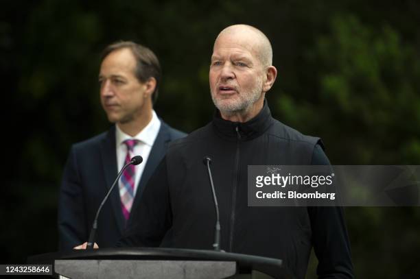 Chip Wilson, founder of Lululemon Athletica Inc., speaks during a news conference with Andy Day, chief executive officer of the BC Parks Foundation,...
