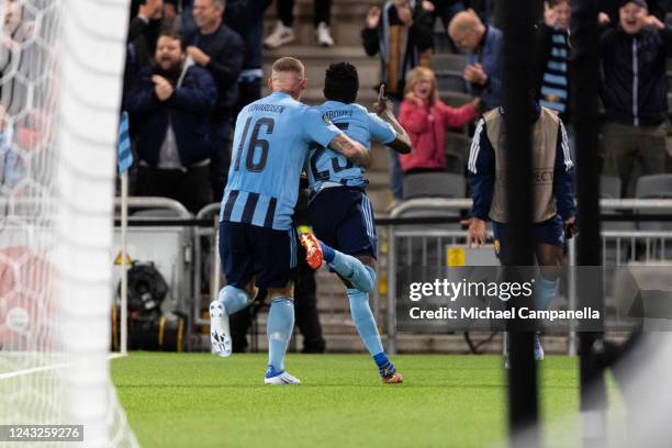Amadou Doumbouya of Djurgarden celebrates scoring the 1-1 goal with teammate Victor Edvardsen during the UEFA Europa Conference League group F match...