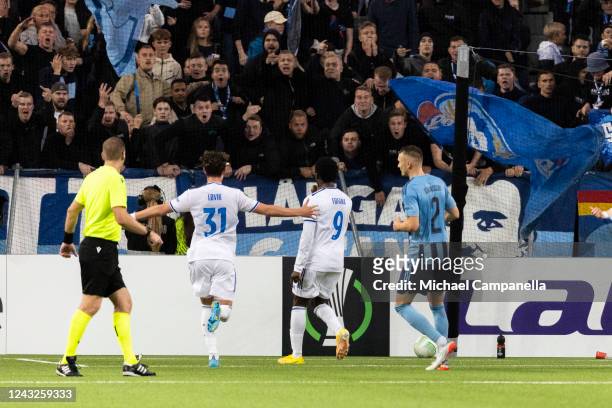 David Datro Fofana of Molde celebrates scoring the 1-0 goal in front of the home supporters during the UEFA Europa Conference League group F match...