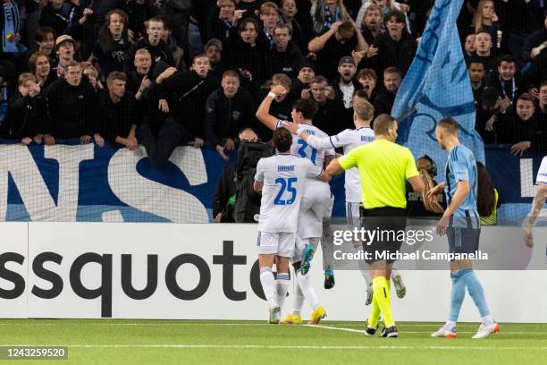 David Datro Fofana of Molde celebrates scoring the 1-0 goal in front of the home supporters during the UEFA Europa Conference League group F match...