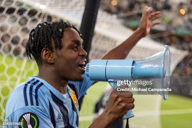 Joel Asoro of Djurgarden celebrates in front of the supporters during the UEFA Europa Conference League group F match between Djurgardens IF and...