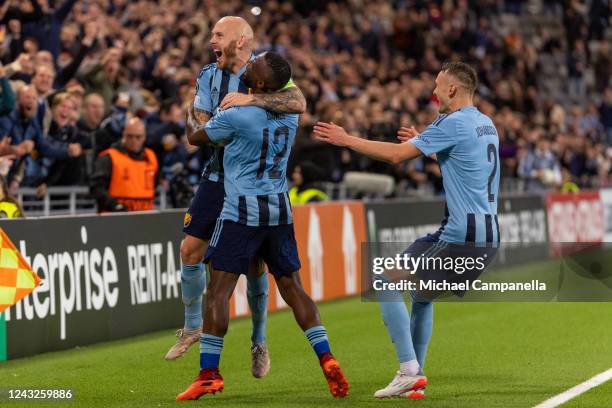 Emmanuel Banda of Djurgardens IF celebrates the 2-1 goal with teammate Magnus Eriksson during the UEFA Europa Conference League group F match between...