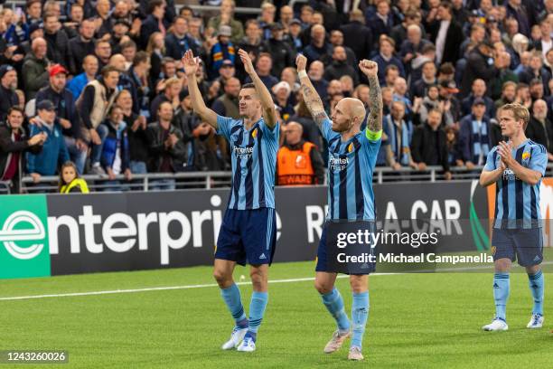 Haris Radetinac, Magnus Eriksson, Hampus Finndell celebrate in front of the supporters during the UEFA Europa Conference League group F match between...
