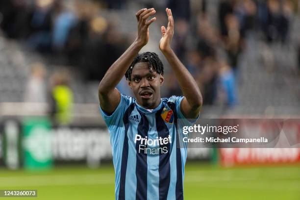 Joel Asoro of Djurgarden celebrates in front of the supporters during the UEFA Europa Conference League group F match between Djurgardens IF and...