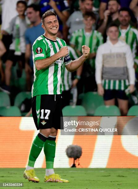 Real Betis' Spanish midfielder Joaquin celebrates scoring his team's second goal during the UEFA Europa League, Group C, first leg football match...