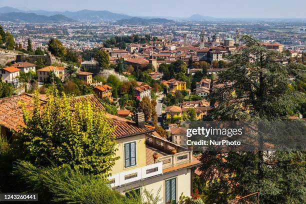 Panoramic view from the top of the San Vigilio hill at the historic center of Citta Alta in Bergamo, Lombardy region of Italy, on September 12, 2022.