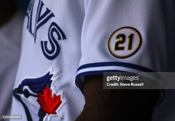 One of the Toronto Blue Jays wears a 21 in the Pittsburgh Pirates colours to celebrate Roberto Clemente Day in Major League Baseball as the Toronto...