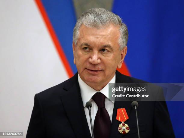 Uzbek President Shavkat Mirziyoyev, just awarded with the Order of Friendship, speeches during Russian-Uzbek meeting at the Shanghai Cooperation...