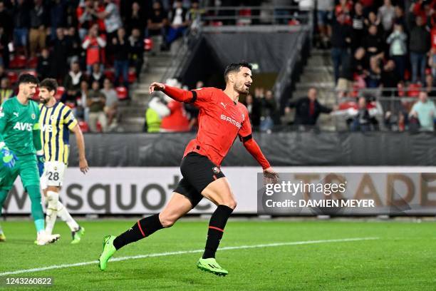 Rennes' French forward Martin Terrier celebrates after he scored the first goal for his team during the UEFA Europa League Group B group stage...