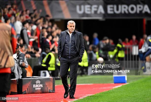 Rennes' French head coach Bruno Genesio looks at his players during the UEFA Europa League Group B group stage football match between Stade Rennais...