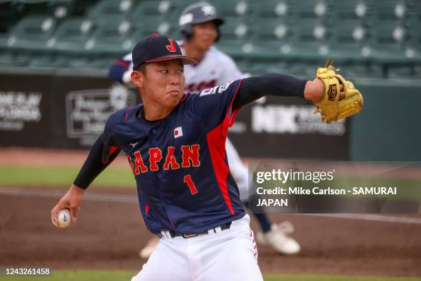 Haruto Yamada of Japan throws in the third inning during the WBSC Baseball U-18 World Cup Super Round Group game between South Korea and Japan at...