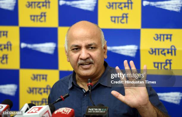 Delhi Deputy Chief Minister Manish Sisodia addresses a press conference at AAP office on September 15, 2022 in New Delhi, India. The deputy cm...