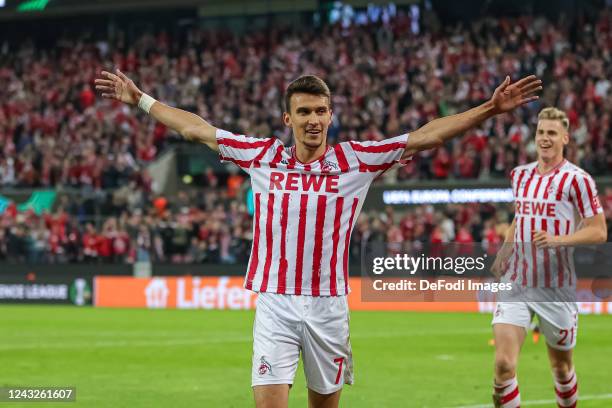 Dejan Ljubicic of 1. FC Koeln celebrates after scoring his team's fourth goal during the UEFA Europa Conference League group D match between 1. FC...