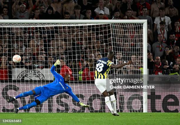 Fenerbahce's Ecuadorian forward Enner Valencia scores a penalty during the UEFA Europa League Group B group stage football match between Stade...