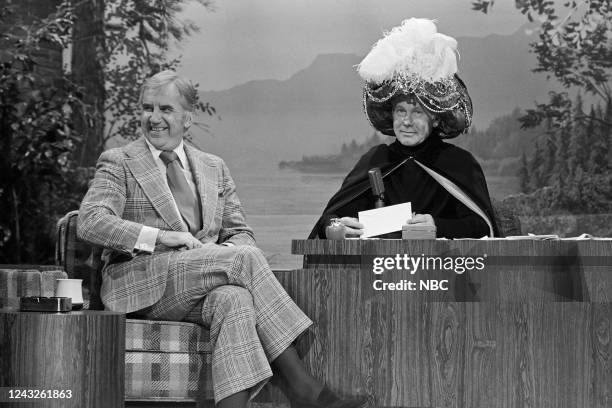 Pictured: Announcer Ed McMahon and host Johnny Carson as Carnac the Magnificent on August 3, 1978 --