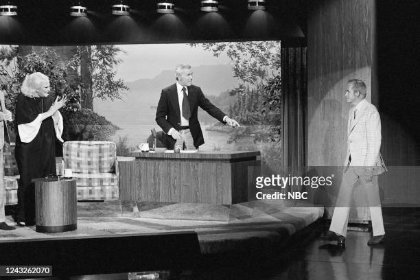 Pictured: Musical guest Peggy Lee and host Johnny Carson greet actor Fernando Lamas on August 3, 1978 --