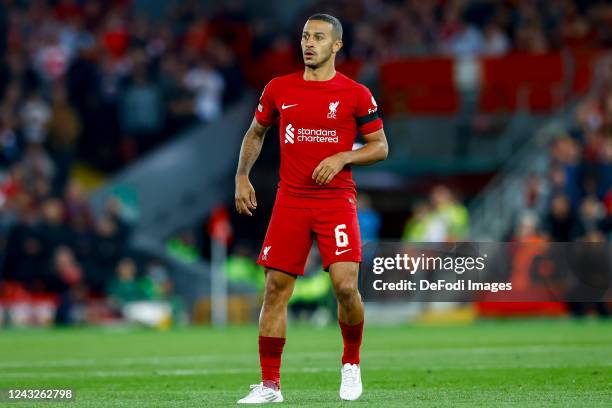 Thiago Alcantara of Liverpool FC Looks on during the UEFA Champions League group A match between Liverpool FC and AFC Ajax at Anfield on September...