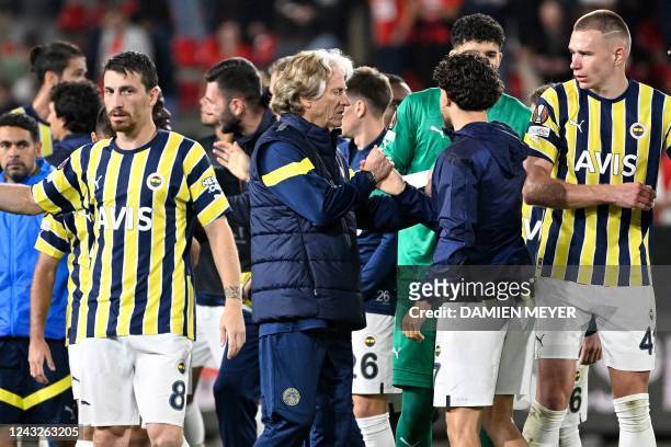 Fenerbahce's Portuguese head coach Jorge Jesus congratulates his players at the end of the UEFA Europa League Group B group stage football match...