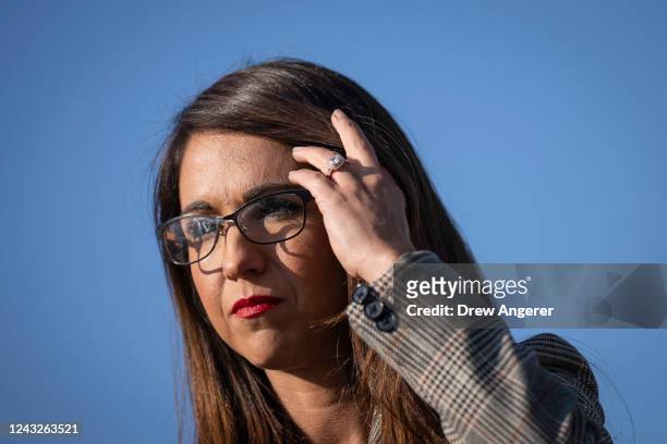 Rep. Lauren Boebert waits to speak during a news conference with members of the House Freedom Caucus on Capitol Hill September 15, 2022 in...