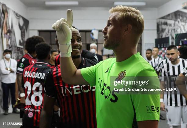 Mario Lemina and goalkeeper Kasper Schmeichel of OGC Nice smile prior to the UEFA Europa Conference League group D match between FK Partizan and OGC...