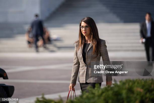 Rep. Lauren Boebert arrives for a news conference with members of the House Freedom Caucus on Capitol Hill September 15, 2022 in Washington, DC....