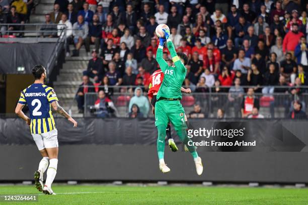 Altay BAYINDIR of Fenerbahce and Benjamin BOURIGEAUD of Rennes during the UEFA Europa League match between Rennes and Fenerbahce at Roazhon Park on...