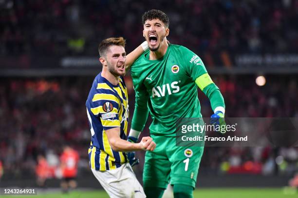 Altay BAYINDIR of Fenerbahce and Ismail YUKSEK of Fenerbahce during the UEFA Europa League match between Rennes and Fenerbahce at Roazhon Park on...