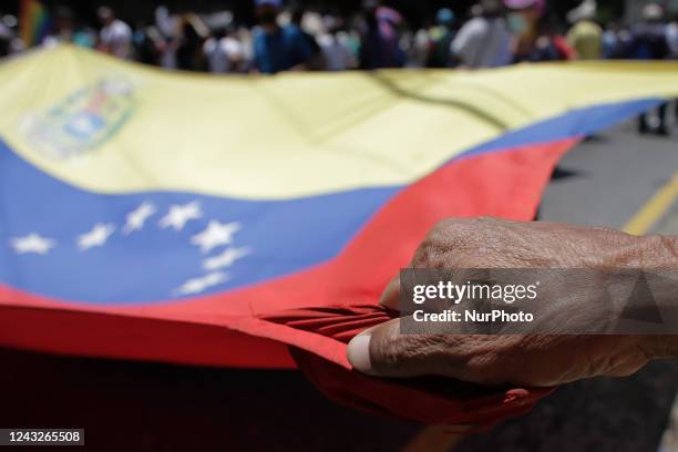 Man holds the Venezuelan flag in a march to the Supreme Court of Justice TSJ in rejection of the National Budget Office ONAPRE instructive, in...