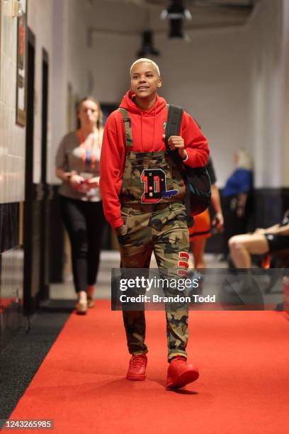 Courtney Williams of the Connecticut Sun arrives to the arena before the game against the Las Vegas Aces during Game 3 of the WNBA Finals on...