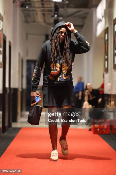 Jonquel Jones of the Connecticut Sun arrives to the arena before the game against the Las Vegas Aces during Game 3 of the WNBA Finals on September...