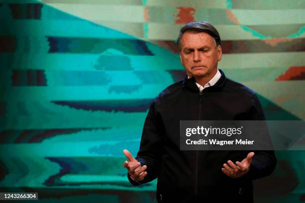 Jair Bolsonaro president of Brazil prays during the birthday worship of pastor Silas Malafaia at Assembleia de Deus Vitoria em Cristo Church on...