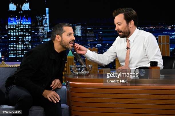 Episode 1710 -- Pictured: Illusionist David Blaine performs with the help of host Jimmy Fallon on Thursday, September 15, 2022 --