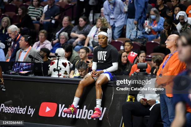 Odyssey Sims of the Connecticut Sun looks on before Game 3 of the 2022 WNBA Finals against the Las Vegas Aces on September 15, 2022 at Mohegan Sun...