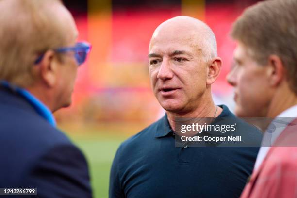 Jeff Bezos looks on from the sidlines before kickoff between the Kansas City Chiefs and Los Angeles Chargers at GEHA Field at Arrowhead Stadium on...