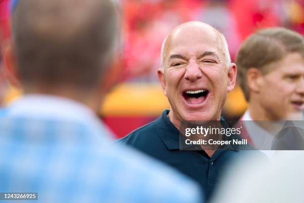 Jeff Bezos looks on from the sidlines before kickoff between the Kansas City Chiefs and Los Angeles Chargers at GEHA Field at Arrowhead Stadium on...